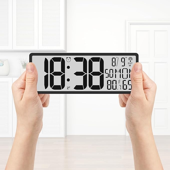 Digital LCD Atomic Desktop Clock, 7.8" Screen with Time, Date, Temperature, Humidity, Alarm, Snooze, DST, Time Zone for Home, Office (No Backlight)