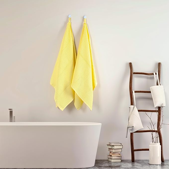 PÜSKÜL Pack of 2 Waffle Bath & Spa Towels - Premium 100% Turkish Organic Cotton - Quick Dry Thin Bath Towel for Bathroom - Made in Turkey (Light Yellow, 32x63 inch)