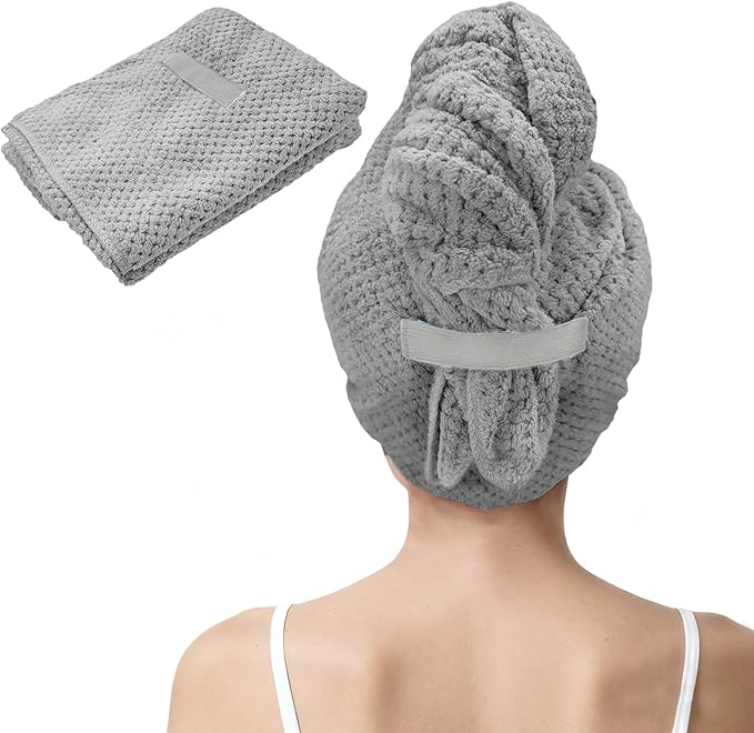 Large Microfiber Hair Towel for Women, Super Soft Absorbent Quick Dry Hair Towel Wrap with Elastic Band, Fast Drying Anti Frizz Hair Turban for Curly Long Thick Wet Hair Care 24''x40'' (Grey)