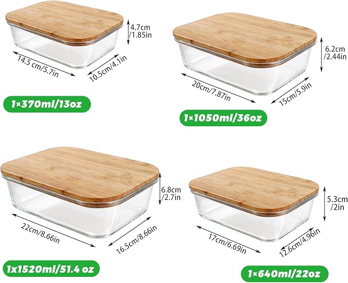 4 Pcs Glass Food Storage Containers with Lids, Meal Prep Containers Glass Set with Bamboo Lids, Silicone Seals, Rectangular Kitchen Set for Lunch, Fridge and Pantry