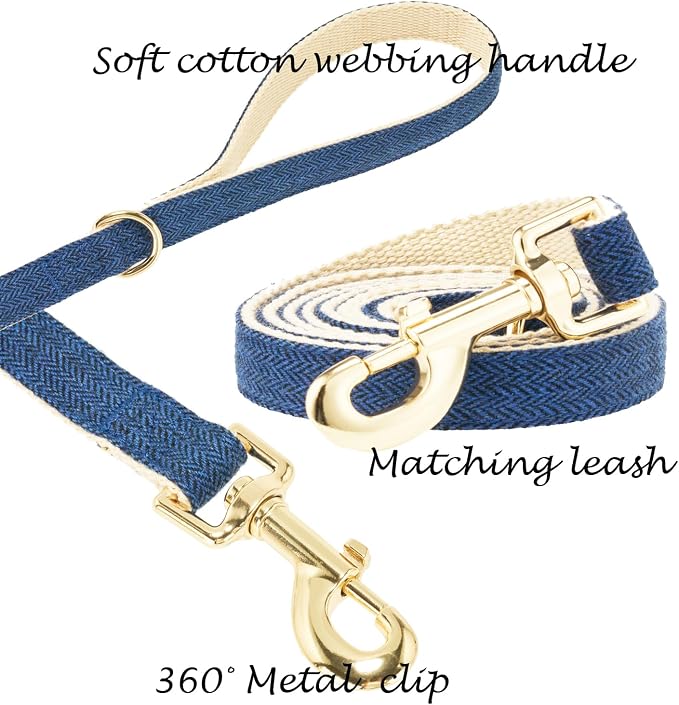 Luxury Soft Cotton Tweed Fabric Dog Collar & Leash Set with Gold Buckle – Durable Fabric, Stylish Design for Everyday Walks(Large Navy)