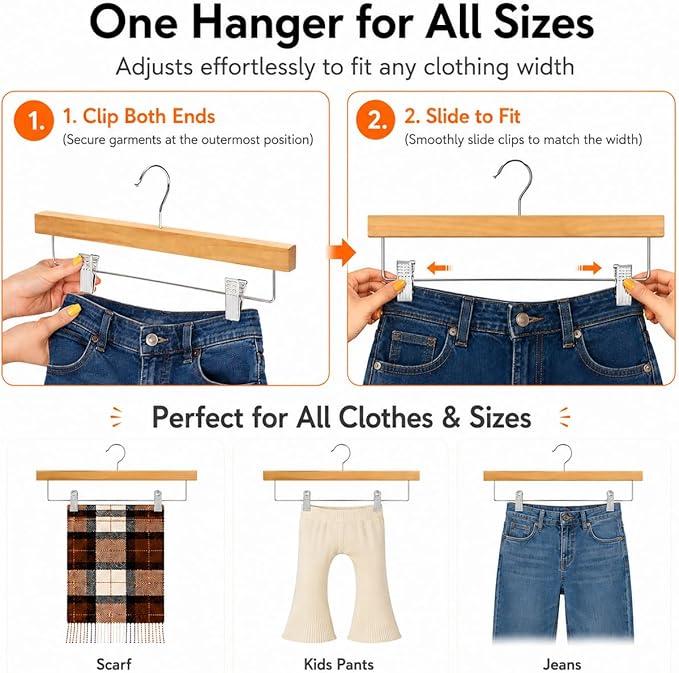 HOUSE DAY Premium Wooden Pants Hangers 100 Pack, Solid Lotus Wood Skirt Hangers with 2-Adjustable Clips, Heavy Duty & Anti Slip Wood Bottom Hanger for Slacks, Jeans, Trousers, Shorts (Natural)