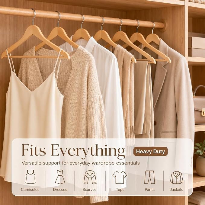JupiterForce Wooden Clothes Hangers 50 Pack, Non-Slip Wood Hangers with 360° Swivel Hook & Shoulder Grooves, Coat Hanger for Suits, Coats, Shirts, Pants, Jackets and Dress(Natural)