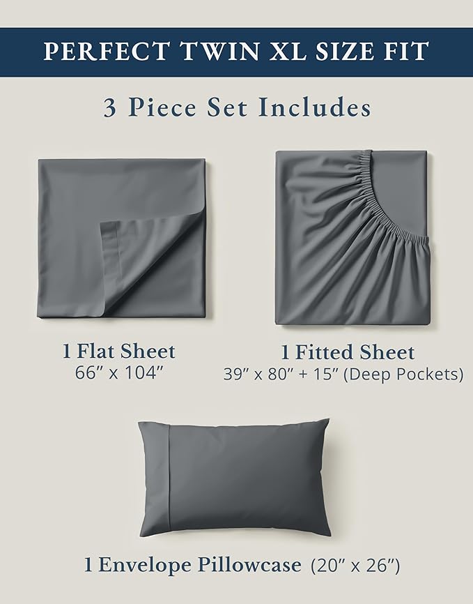 LANE LINEN 100% Organic Cotton Twin XL Sheets Set, Hotel Like Crisp Percale Low Pill Fade Resistant Reinforsed Seam Cotton Sheets, Perfect for Hospital Bed & Dorm Room Extra Long Twin- Charcoal