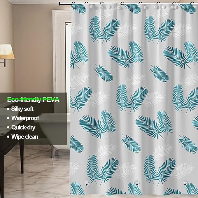 Plastic Shower Liner - Premium PEVA 4G Shower Curtain Liner with Rustproof Grommets and 3 Weighted Magnets, Waterproof Shower Curtains for Bathroom (Green Feather)
