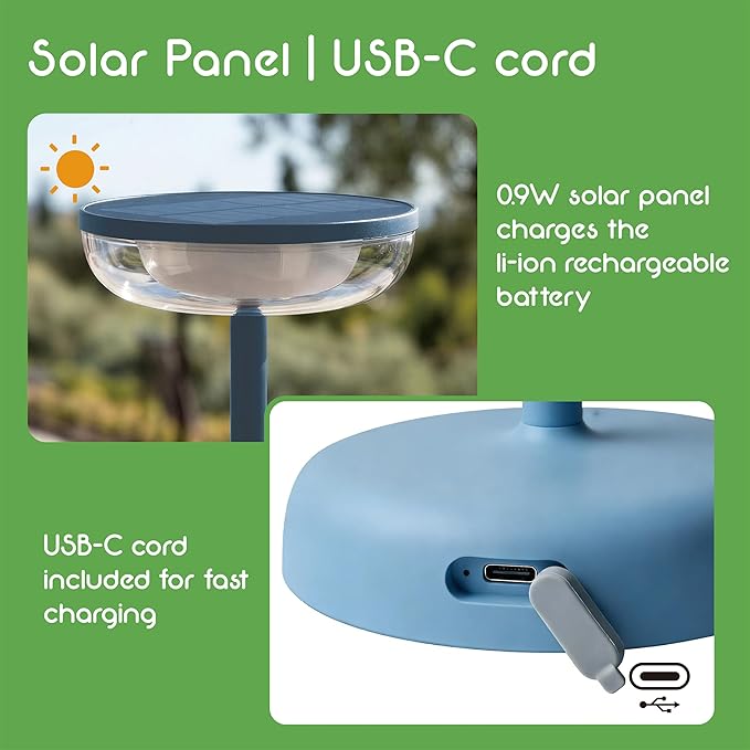 Cocktail Style Solar Table Lamp - Cordless LED Light with USB-C Charging, Dimmable Warm 2700K Glow, Weather Resistant for Indoor/Outdoor Use - Blue, 1 Pack