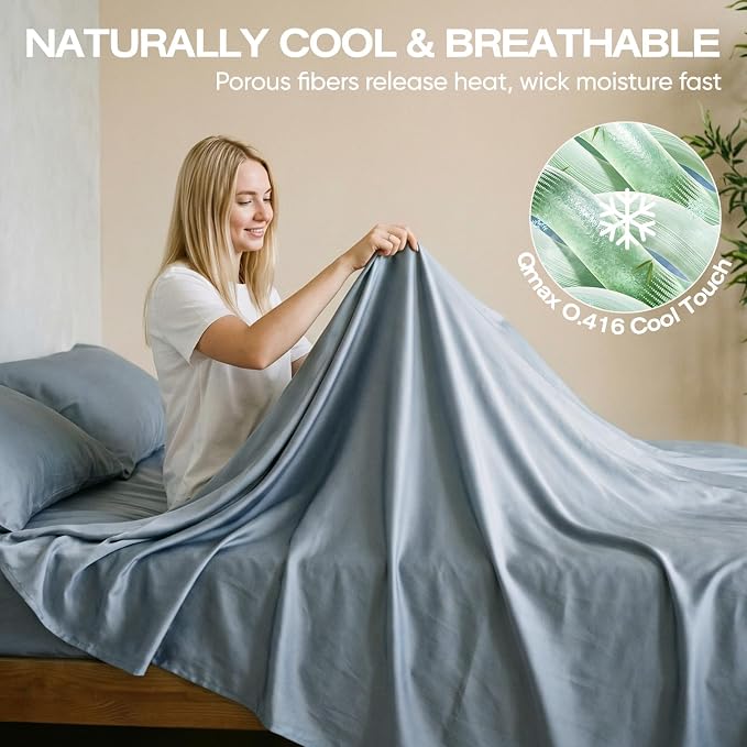 Real 100% Viscose Derived from Bamboo Sheets Set Queen Size, Cooling & Silky Soft for Hot Sleeper, Luxury with Breathable & Moisture Wicking Fabric, 18" Deep Pocket with Corner Straps(Sterling Blue,Q)