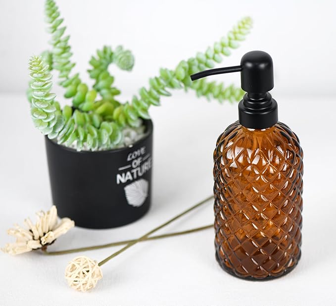 12Oz Glass Soap Dispenser with 304 Black Rustproof Stainless-Steel Pump, Refillable Glass Soap Dispenser for Kitchen, Bathroom, Farmhouse (Amber)