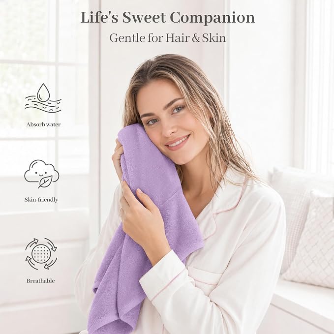 ROLSHOL Cotton Hair Towel Wrap for Women, 2 Pack 100% Cotton Hair Drying Towels for Long, Thick & Curly Hair, 32" x 11" Large Hair Turban for Wet Hair with Elastic Band (Purple)