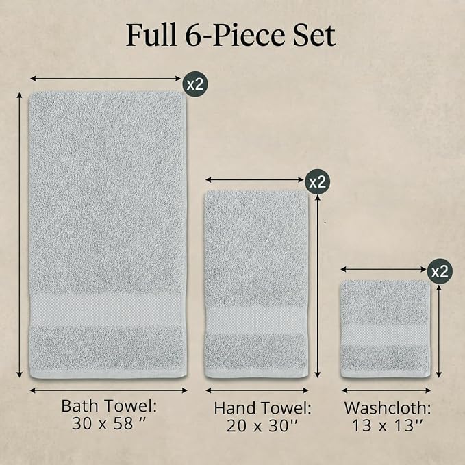 Maisonette Elegance 100% Organic Cotton Turkish Bathroom Towels Set, Ideal Quick Dry Luxury Washcloths, Hand & Large Luxury Bath Towels for Shower (6 Pack), Light Gray (Shore)