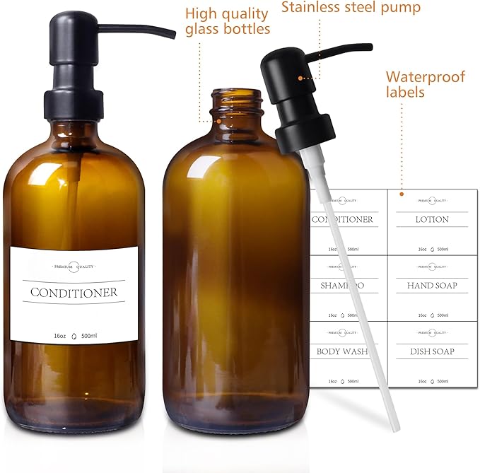 Bathroom Accessory Set 5 Pcs, 2 Pcs 16oz Amber Glass Soap Dispensers with Stainless Steel Pumps, 2 Pcs Qtip Holder Dispensers with Waterproof Labels & Bamboo Tray