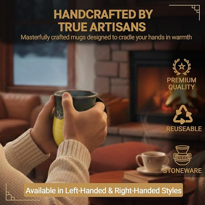 Clay in Motion Hand Warmer Coffee Mug – Handmade Coffee Mug With Comfortable Handle Contoured Pocket Hand Warming Ceramic Coffee Mug – Proudly Made in USA – Right Handed – 14 Oz - Yellow Black