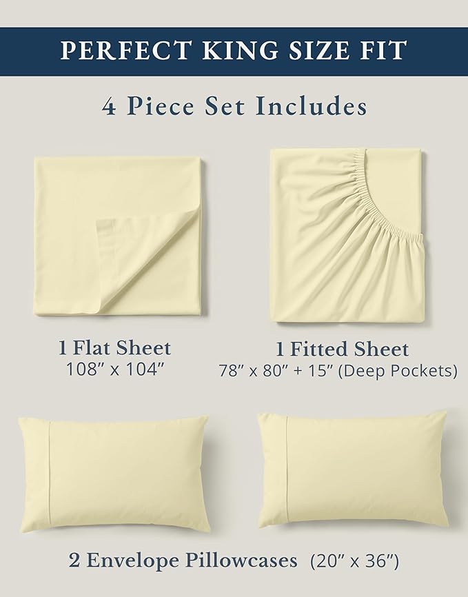 LANE LINEN 100% Organic Cotton King Size Bed Sheets, All Season Soft & Comfy Fully Elasticized Mercized Cotton King Sheets, 15" Deep Pocket Luxury Bed Sheets King Size- Vanilla