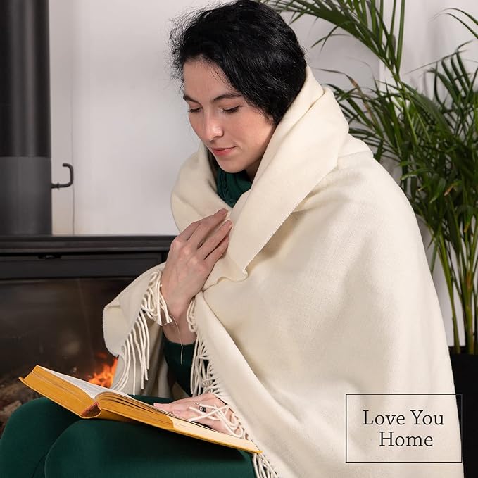 LYHome Cashmere Blanket with Merino - Luxury Wool Throw Soft Cozy and Warm, Decorative Throws Couch Bed Sofa, Warmest Blankets for Travel Camping & Cold Weather (55x79 | White Herringbone)