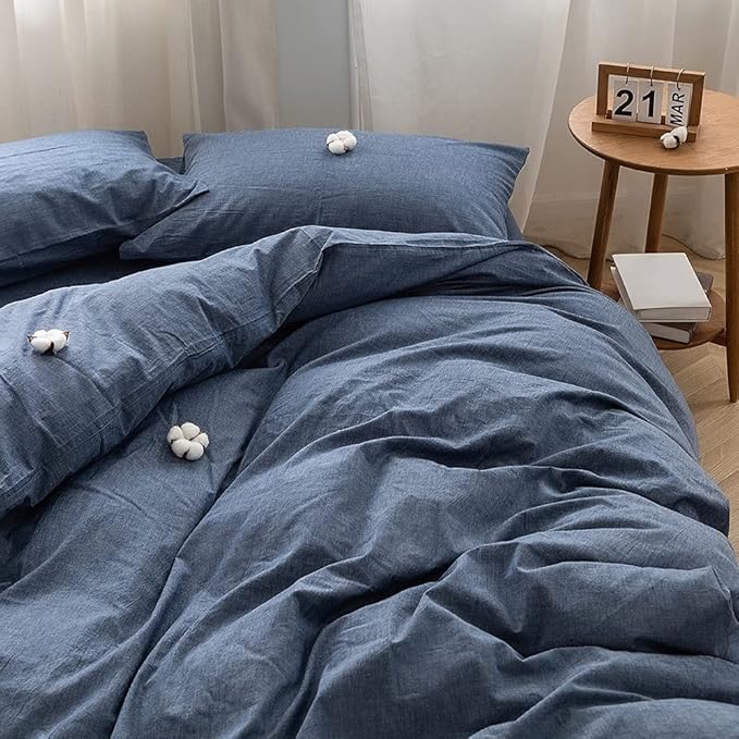 FACE TWO FACE Bedding Duvet Cover Set100% Washed Cotton Duvet Cover Linen Like Textured Breathable Durable Soft Comfy(California King, Navy Blue)