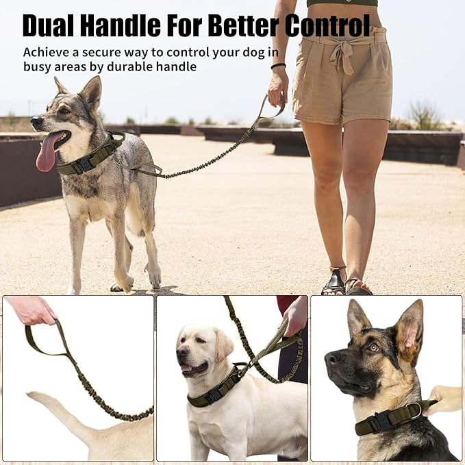Tactical Dog Collar Leash Set, Adjustable Military Training Nylon Collar Dog Training with Control Handleand Metal Buckle, Dog Collar for Medium Large Dogs (Green,L)