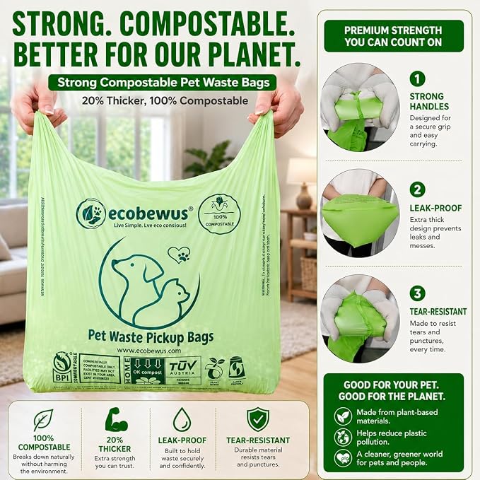 100% Compostable XL Pet Waste Bag (120 ct.) Plant-Based Cat Litter Bags Cornstarch-Based Doggy Poop Bags with Handles Compost Liners US BPI ASTM D6400 & OK Compost Home Certified (120 ct)