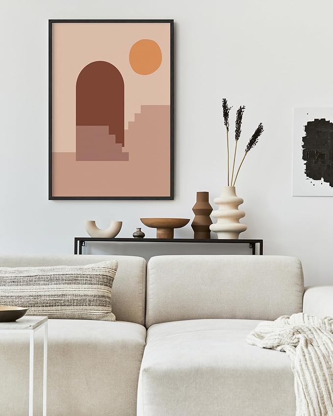 Abstract Architecture Wall Art Archway Stairs Sun Geometric Shapes Earth Tones Terracotta Mid Century Modern 24x36 Inch Oak Wood Black Framed Minimalist Boho Office Decor