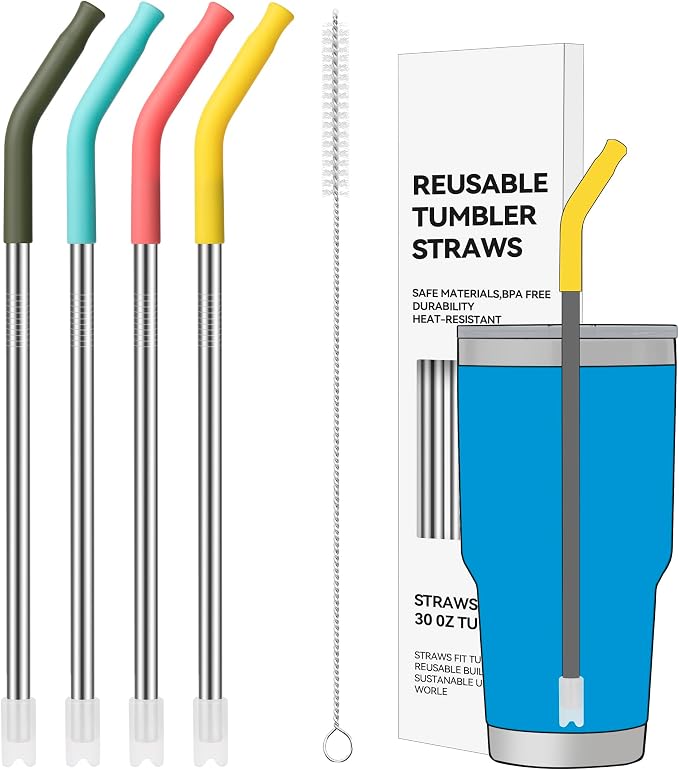 30 oz Straight Metal Straws with Silicone Tip for 30 oz Tumbler | 6 Pcs Stainless Steel Reusable Drinking Metal Straw for YETI, STANLEY, US Acrylio, BJPKPK, Simple Modern and so on