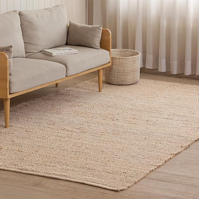HOMEMONDE Hand Woven Jute Cotton Area Rug 6' x 9' ft Rectangle Natural Farmhouse Rug - Rustic Vintage Boho Decor Rug for Living Room, Bedroom, Dining Room