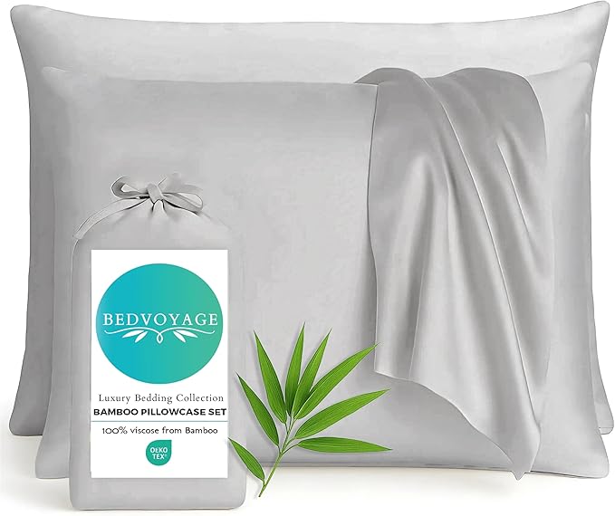 BedVoyage Ultra Soft Standard Pillowcase Set, Cooling & Breathable, Silky & Gentle to Skin and Hair, Luxury 100% Viscose Derived from Bamboo, 20x26 Envelope Closure, 2pc Set, Standard – Stone