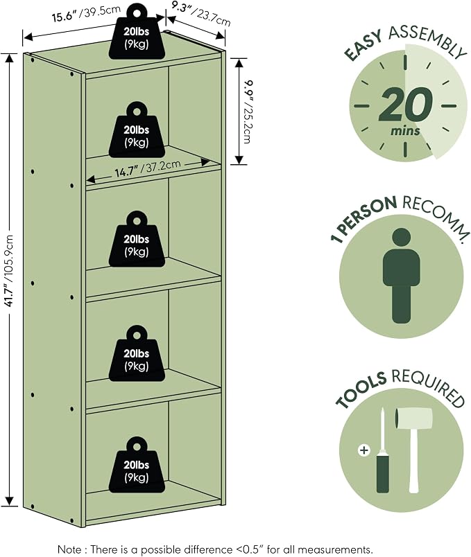 Furinno Luder Bookcase / Book / Storage, 4-Tier, Green/White