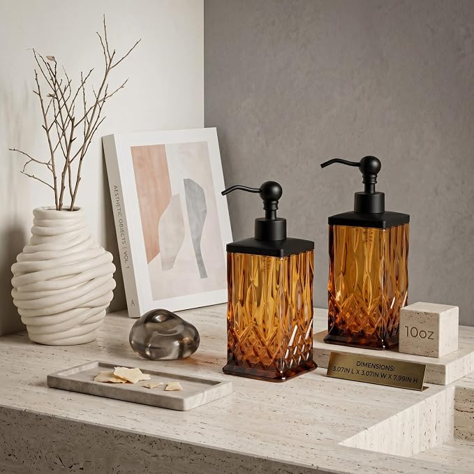 2 Pack 10Oz Glass Soap Dispenser with Matte Black Zinc Alloy Pump,Amber Square Textured Refillable Hand Soap Dispenser with Vertical Fluting for Lotion,Soap,Body Wash,Kitchen Bathroom Countertop Decor