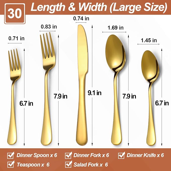 30 Pcs Gold Silverware Set for 6, Food Grade Stainless Steel Flatware Set, Eating Utensils Sets Include Fork/Knife/Spoon, Reusable Cutlery Set for Home Kitchen, Dishwasher Safe, Round Edge