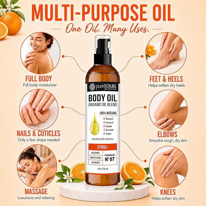 pureSCRUBS Ultra Moisturizing Citrus Body Oil for Dry Skin, 4 oz | Luxurious After Shower Body Oil for Soft, Silky, Glowing Skin, Non-Greasy, Fast Absorbing & Hydrating Formula with Vitamin E
