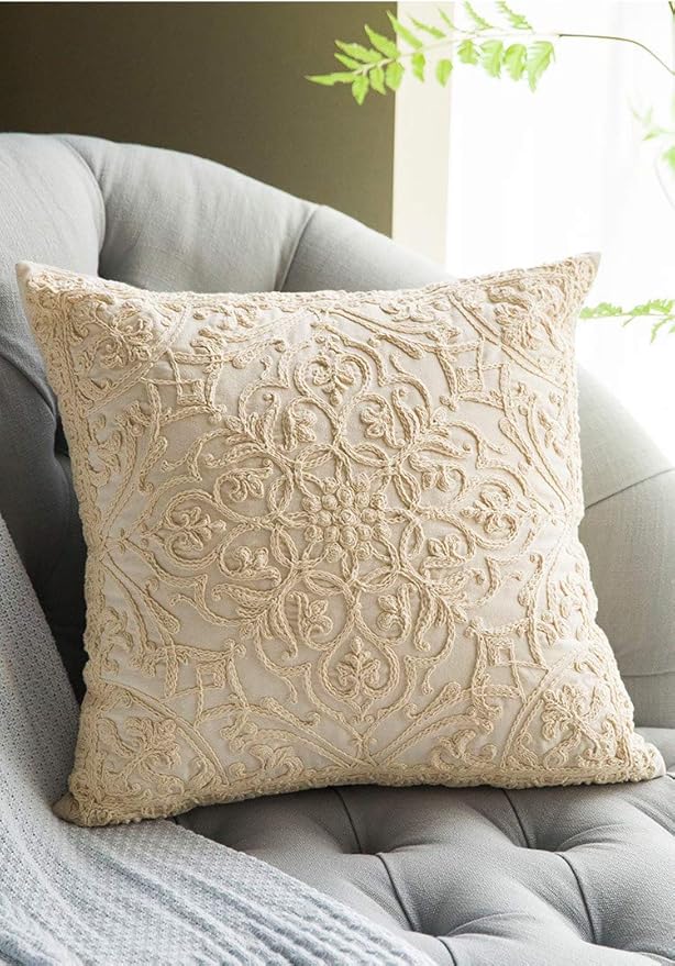 DOKOT Embroidery Throw Pillow Covers Square Cushion Case 100% Cotton with Zipper for Home Decorative 20x20 inches(50x50cm) Beige