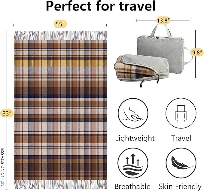 100% Wool Blanket Throw,Farmhouse Plaid Wool Blanket with Compact Bag, Rustic Soft Lightweight Blanket for Couch,Sofa,Bed & Lounging Decoration,Travel Blanket for Car,Airplane,Ideal Gifts 55"x83"