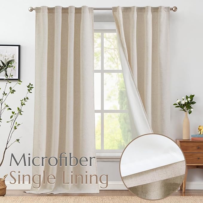 jinchan Natural Linen Curtains with White Privacy Lining Beige Lined Curtains 108 inch for Closet Living Room Floor to Ceiling Farmhouse Cottage Core Light Filtering Rod Pocket Back Tab 2 Panels
