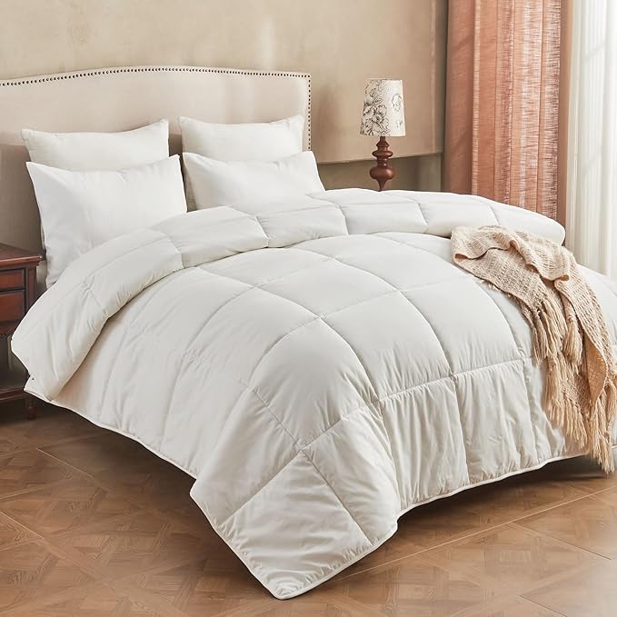 Hybrid Australian Wool Comforter Queen Size with 100% Organic Cotton, Hypoallergenic Luxury Duvet Insert with Tabs, Temperature Regulating All-Season Bedding, White
