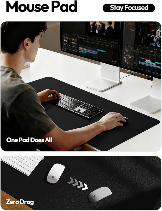 YSAGi Large Extended PU Leather Desk Pad Protector – Non-Slip Waterproof Desk Mat for Office & Home, Easy Clean Mouse Pad & Laptop Writing Blotter 35.4"x17" Black