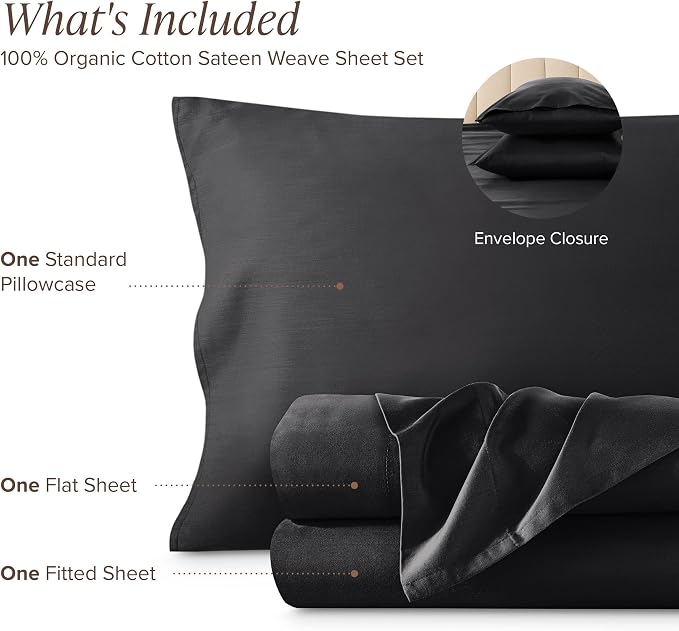 Bare Home 100% Organic Cotton Twin Sheet Set - 400 Thread Count - Smooth Sateen Weave - Breathable & Cooling - Hotel Luxury Set - Deep Pocket Bed Sheets (Twin XL, Black)
