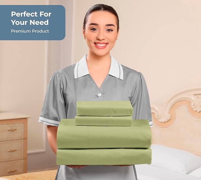 Royale Linens 100% Organic Cotton Queen Sheet Set - Percale Weave - 4 Pieces Set - 1 Flat, 1 Deep Pocket Fitted Sheet and 2 Pillowcases - Sage Green Bed Sheets - Sábanas Queen -Crisp Cool (Sage Green)