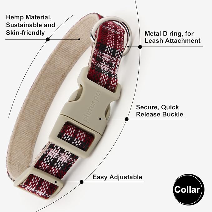 Plutus Pet Cotton Hemp Dog Collar and Leash Set, Adjustable Collar for Small, Medium, and Large Dogs, Heavy Duty and Soft on Skin, Red Plaid, M