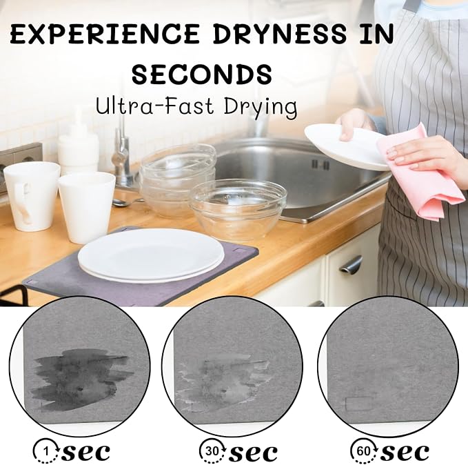 Dish Drying Rack with Stone Drying Mat - Dish Strainers for Kitchen Counter - Quick Absorption, Space Saving, Stainless Steel - Diatomaceous Earth Dish Drying Mat with Cutlery Holder