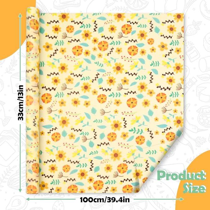 Beeswax Wraps for Food, Large 39.4’’ x 13’’ Beeswax Wrap Roll, Reusable Beeswax Paper Food Wrap for Bread Sandwich Wrapper Bowl Covers, Sunflower