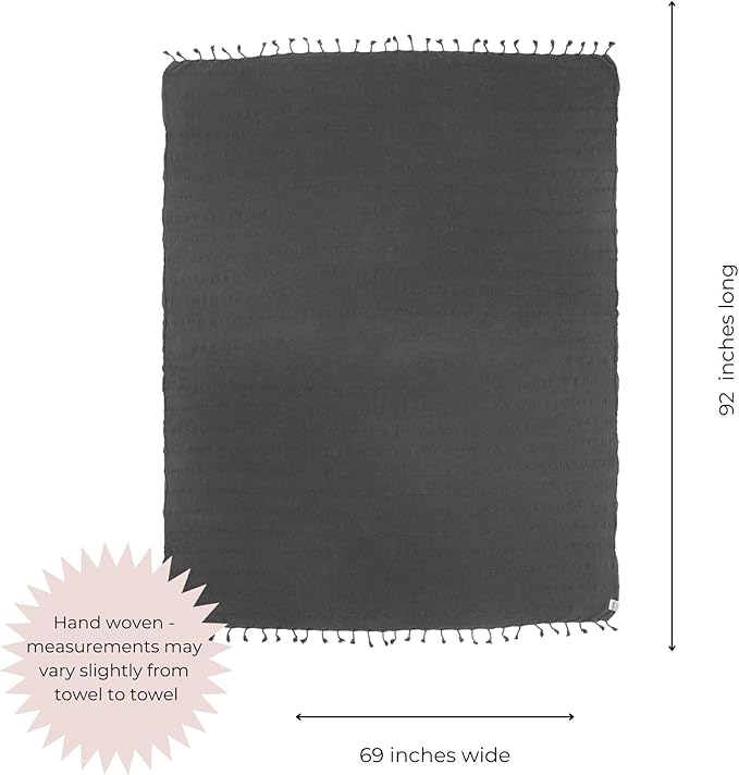 nfuseZen Large Stonewashed Turkish Throw Blanket - 100% Organic Turkish Cotton - 92" x 69" - Soft, Lightweight, Cozy - Love Seat, Sofa, Bed, Picnic, Yoga - Sand Free Beach Blanket - Charcoal Grey