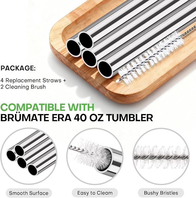 Roliwils 4 Pack Replacement Straws for Brumate Era 40oz Tumbler, Straw Kit with Cleaning Brushes | Reusable Stainless Steel Straw Set | Compatible With Brumate 40oz Tumblers
