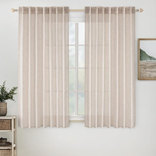 MIULEE Natural White Short Linen Curtains 45 Inch Length 2 Panels for Kitchen Bedroom Bathroom, Soft Thick Linen Textured Basement Window Drapes Semi Sheer Light Filtering Back Tab Rod Pocket