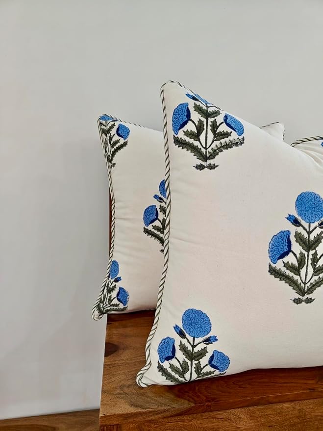 ATOSII Block Print Boho Throw Pillow Covers, 20 X 20, Set of 2, Decorative Couch Pillows for Living Room, 100% Cotton Canvas Acccent Pillows, Christmas Thanksgiving Fall Preppy Throws - Poppy Blue