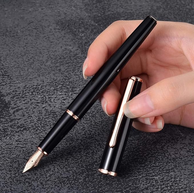 HongDian 920 Black Metal Fountain Pen, Rose Gold Plated Extra Fine Nib Smooth Writing Pen, Classic Pen with Ink Converter