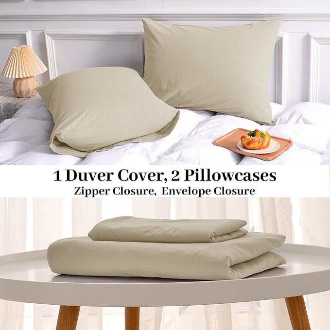 NEXHOME PRO Duvet Cover Set Queen Size Linen Feel Textured Cream Grey Organic Natural 100% Washed Cotton Duvet Cover 3 Pieces Bedding Set with Zipper Closure, Breathable, Soft (No Comforter)