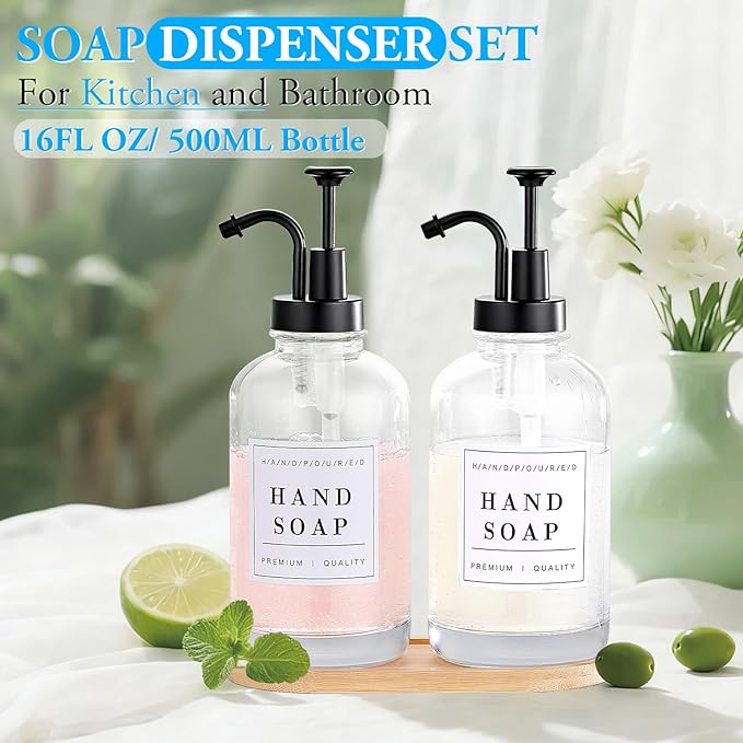 Glass Soap Dispenser with Pump,Tray,Funnel, Countertop Soap and Lotion Dispenser Set of 2, Dish and Hand Soap Dispenser Bottle for Kitchen,Bathroom,Shower, with 60 Stickers, 500ml/16.9oz