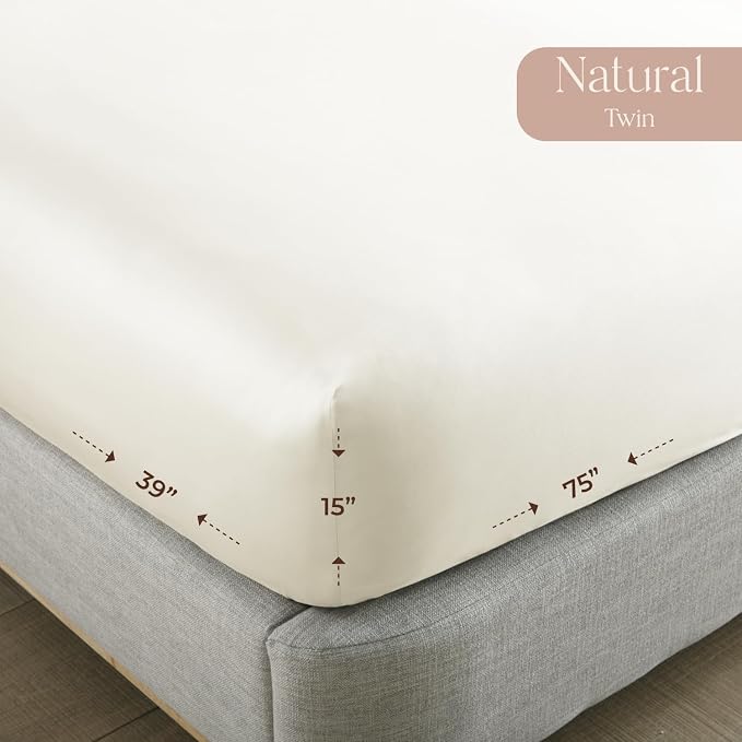 Organic Twin Fitted Sheet Only Deep Pocket - 100% Organic Cotton Sheets with Breathable 300 Thread Count Sateen Weave GOTS & Fairtrade Certified - Soft Fitted Bed Sheets Only (Natural, Twin)