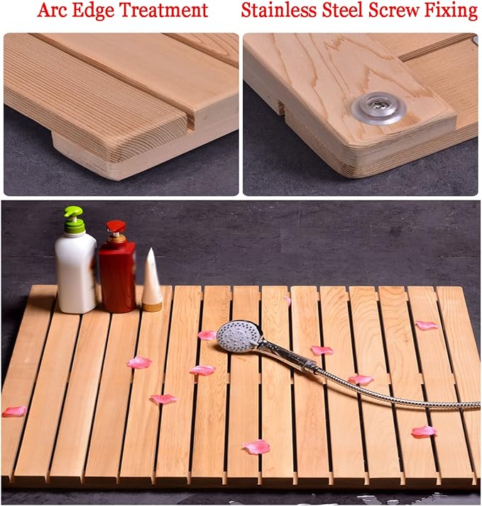 Natural Wooden Shower Mat,Bamboo Bath Mat Set,Non-Slip Wooden Bath Mats with Slatted Design for Indoor/Outdoor Bathtub, Shower, Sauna, Pool, Or Hot Tub,Customizable,60x70cm/24x28in
