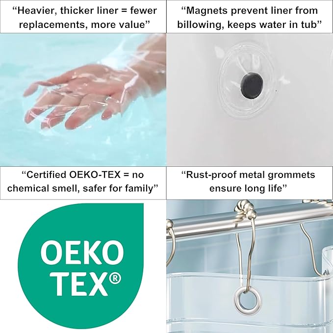 RELY+ Shower Curtain Liner 72 x 72 | Heavy Clear PEVA, 90 GSM Premium Thickness | Waterproof, Odour-Free, Rustproof Grommets, 3 Magnetic Weights, Eco-Friendly, Standard Fit