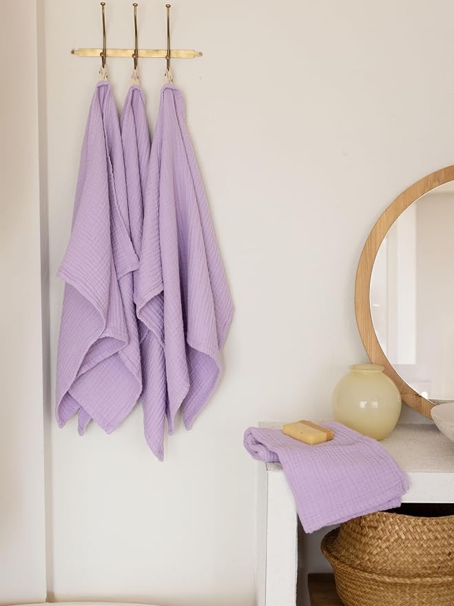 4 Pieces Muslin Towel Set for Bathroom, Luxury 100% Turkish Cotton Thin Soft Quick-Dry Lint-Free Large Size Bath Hand Towel Sets (Lilac, 2 Bath & 2 Hand Towel Set)